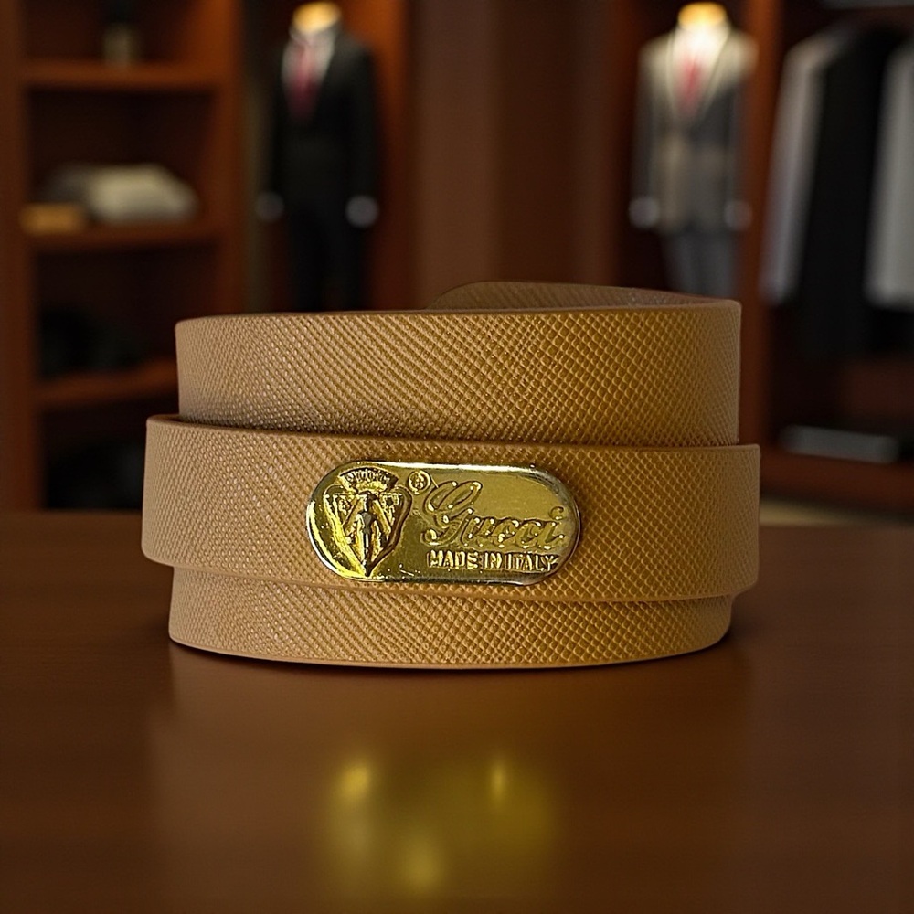 Gucci upcycled Tan Leather wrap buckle bracelet gold embem